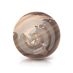 Oak wood globe 3D illustration asia and australia map