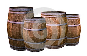 Oak wooden barrel metal rings silver group of vessels holding wine whiskey on white background winemaking design