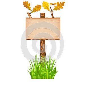 Oak wooden log signboard with green leaves on a pole at the grass lawn
