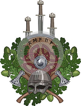 The oak wreath, a Viking helmet and two crossed battle-axes, three swords and a shield decorated with runes