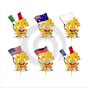 Oak yellow leaf angel cartoon character bring the flags of various countries