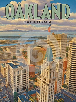 Oakland California Vintage Travel Poster Postcard with Tribune Building photo