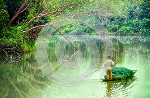 Oarsman on nongchangkod River, Chiangrai, Thailand