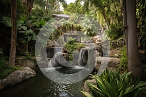 oasis with cascading waterfalls, surrounded by lush greenery