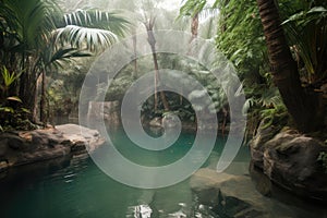 oasis with clear pool and misty grotto, surrounded by palm trees