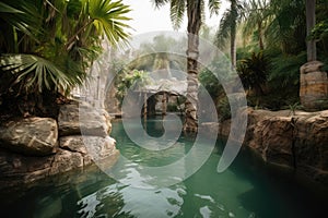 oasis with clear pool and misty grotto, surrounded by palm trees