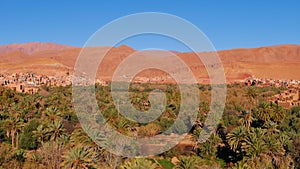 Oasis with date palm trees in the southern Altas Mountains in Berber city Tinghir, Morocco with historic loam houses.