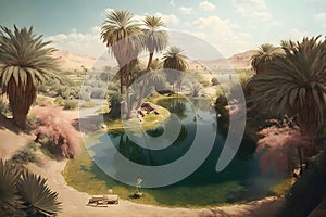 Oasis in the desert. Neural network AI generated photo