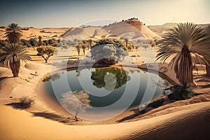 Oasis in the desert. Neural network AI generated photo