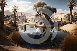 Oasis in the desert. Neural network AI generated photo