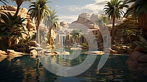 Oasis a fertile spot in a desert, where water is found with palm trees, nature concept