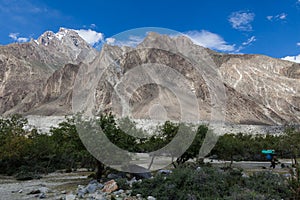 Oasis of green trees on the way to K2 base camp with Baltoro glacier