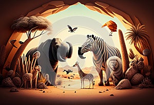 Oasis with many animals in pastel colors. AI Generated