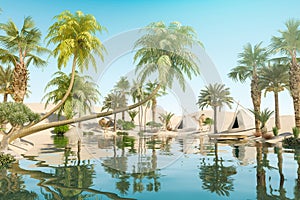 Oasis and Palm Trees in Desert and Traveler Camps