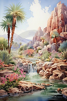 Oasis paradise: tranquil waterfall and palms
