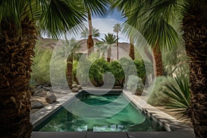 oasis pool surrounded by palm trees and desert views