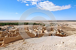 Oasis in the Sahara desert next to the ruined settlement, Chebika, Tunisia