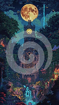 Oasis with a steampunk theme, pixel art clock at the center, cobalt moonlight casting shadows of mythological figures