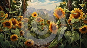 Oasis Of Sunflowers: A Detailed And Beautiful Painting Of Nature\'s Bounty