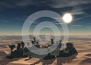 Oasis at sunset in a sandy desert