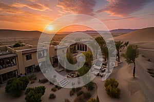 oasis surrounded by daydream-like landscape of rolling dunes and colorful sunsets