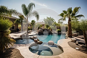 oasis with swimming pool and hot tub surrounded by palm trees and desert