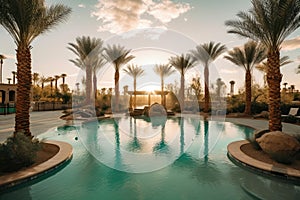 oasis with turquoise pool surrounded by palm trees and desert sunrises