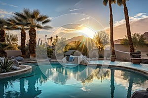 oasis with turquoise pool surrounded by palm trees and desert sunrises