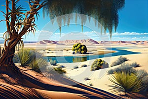 oasis with view of distant sand dunes and blue skies