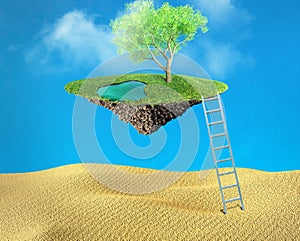 Oasis with water and tree in sand desert 3D illustration