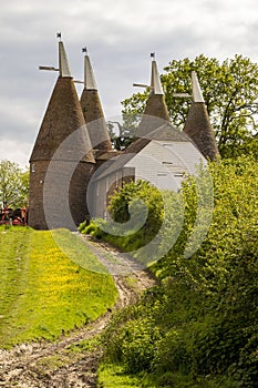 Oast houses on a farm in England.