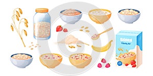 Oat breakfast. Cartoon oatmeal bowl, boiled porridge cereal, healthy food concept. Vector muesli isolated on white photo