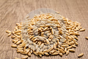 Oat cereal grain. Pile of grains on the wooden table. Selective