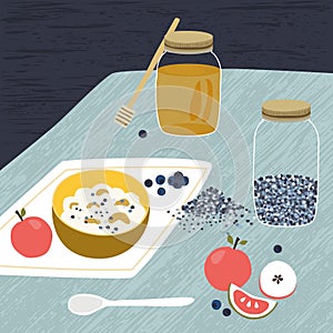 Oat cereals granola with honey and fresh blueberries. Rustical cartoon illustration.