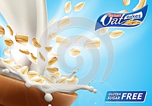 Oat flakes in big milk splash advertising flyer vector illustration