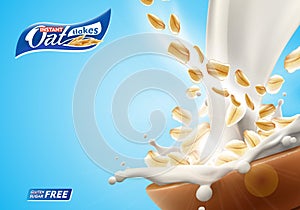 Oat flakes in big milk splash advertising flyer vector illustration