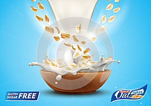Oat flakes in big milk splash advertising flyer vector illustration