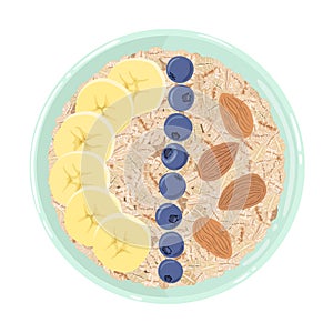 Oat flakes in a bowl with banana, blueberries and almonds, isolated. Top view. Vector hand drawn illustration.