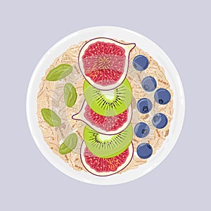 Oat flakes in a bowl with figs, kiwi, pistachios and blueberries, isolated. Top view. Vector hand drawn illustration.