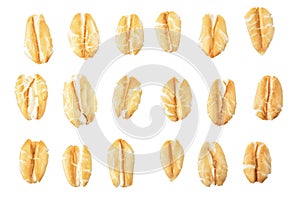 Oat flakes isolated on white background. Top view. Set or collection photo