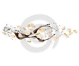 Oat flakes with milk and chocolate splashes, isolated on a white background