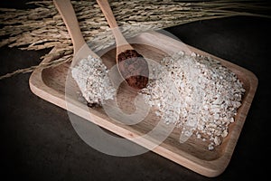 Oat flakes mixing with coco powder on desktop, prepare for healthy