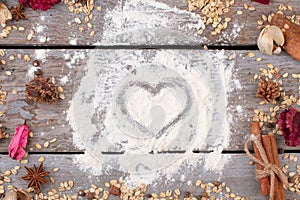 Oat flakes, spices, heart on flour.