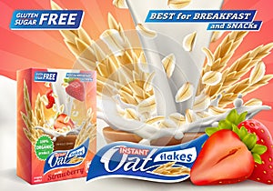 Oat flakes with strawberry advertising poster with oatmeal box a