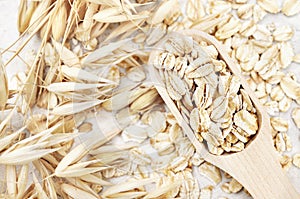 Oat groat in wooden spoon, oatmeal grain for healthy diet on oat ears plants background photo