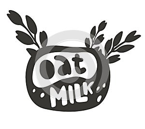 Oat milk, black graphic illustration for packaging design. Hand drawn lettering with sprigs