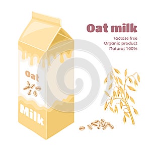 Oat milk in carton box isolated on white background. Vector illustration of plant-based drink