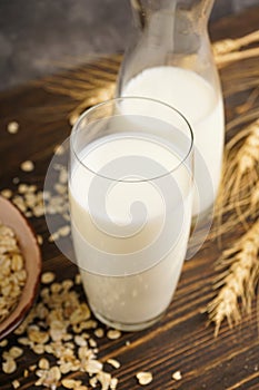 Oat milk in the glass with jug of milk and oat on a wooden background