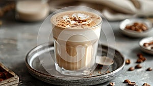 oat milk latte, a foamy oat milk latte on a saucer, displaying its creamy texture the elegant latte art enhances the photo
