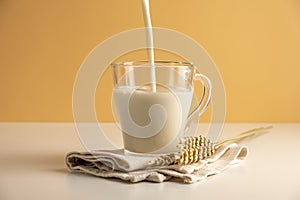 Oat milk pouring into glass. Lactose free drinks. Vegan diet